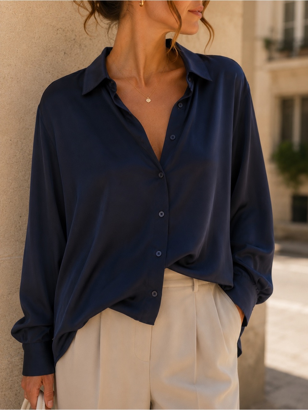 Banana Republic Navy Button-Down Silk-Look Blouse